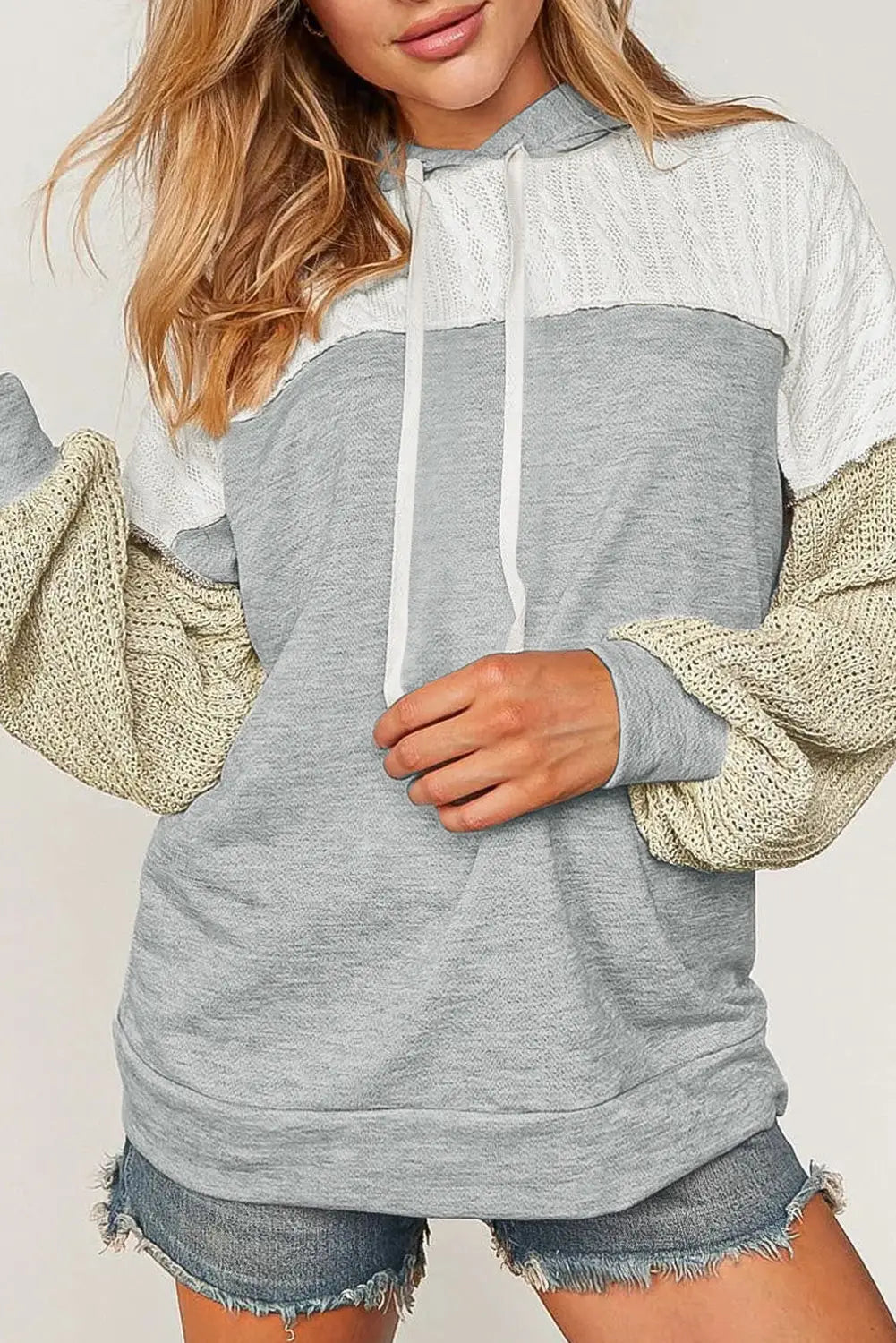 Brown colorblock patchwork pullover hoodie - gray / s / 90% polyester + 10% cotton - sweatshirts & hoodies