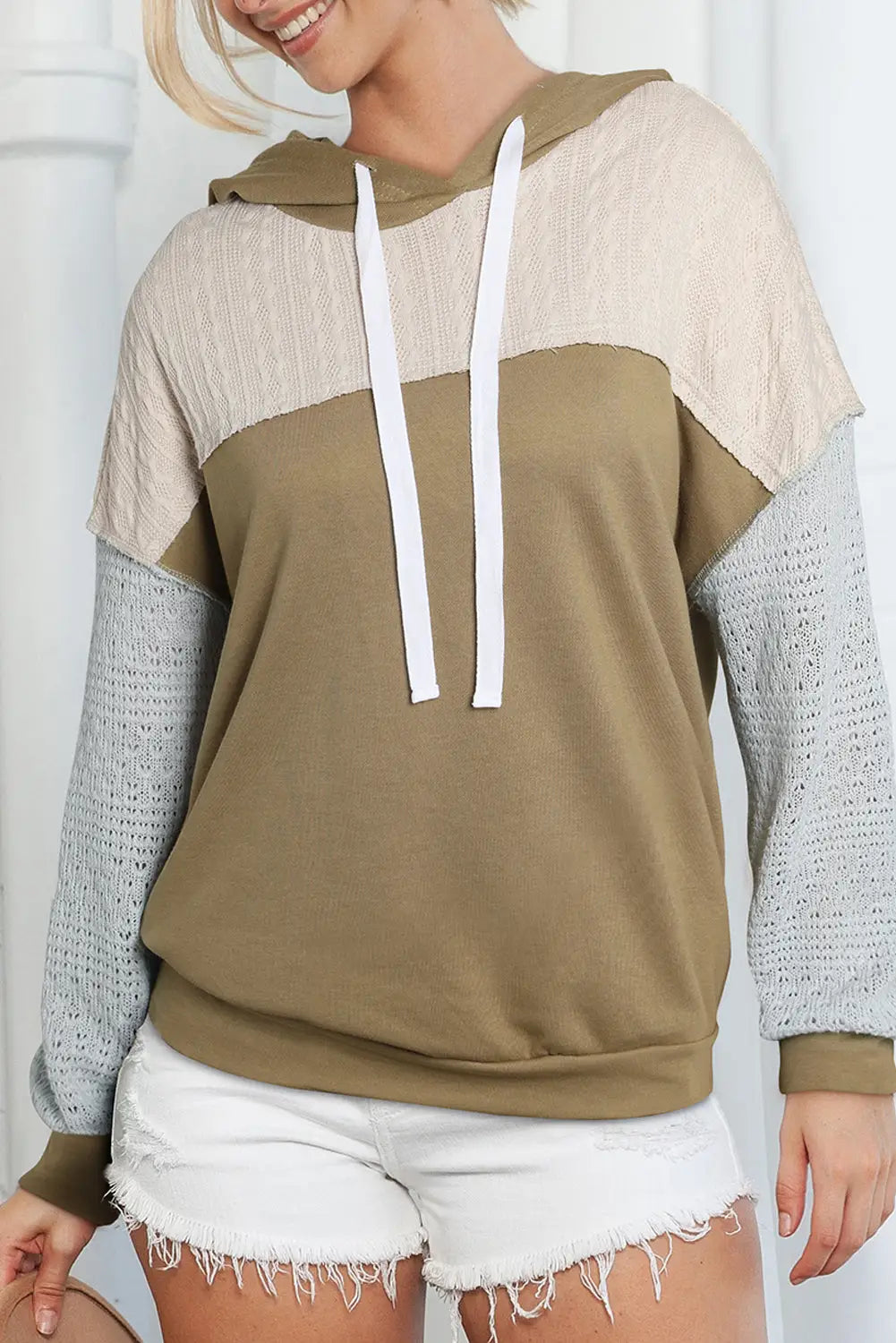 Brown colorblock patchwork pullover hoodie - s / 90% polyester + 10% cotton - sweatshirts & hoodies