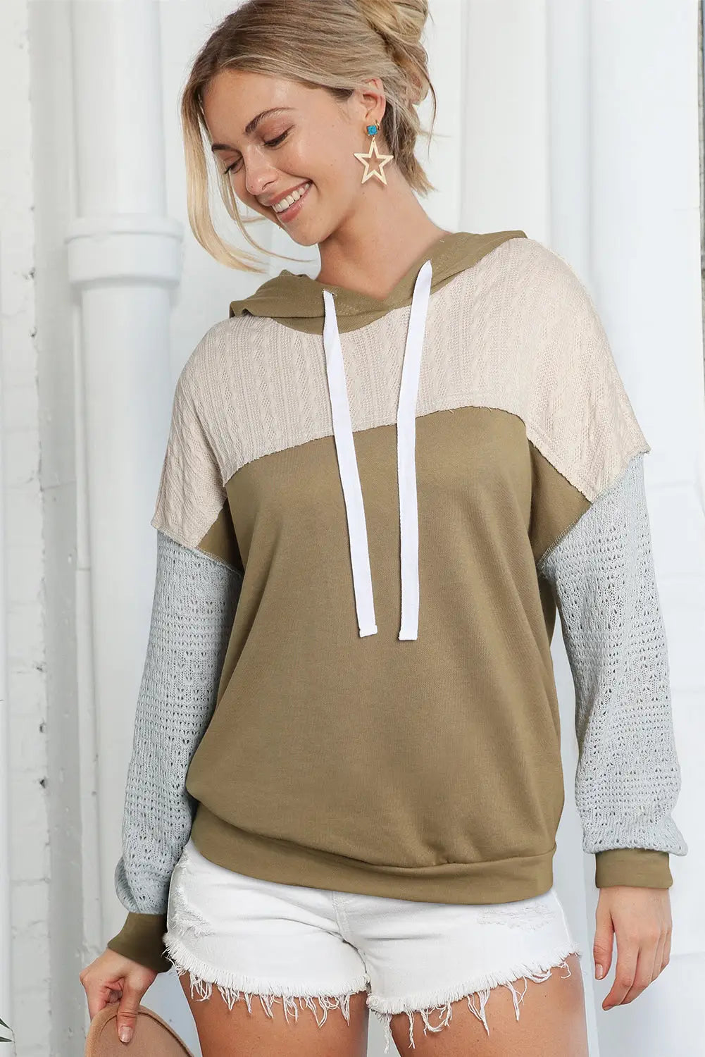 Brown colorblock patchwork pullover hoodie - sweatshirts & hoodies