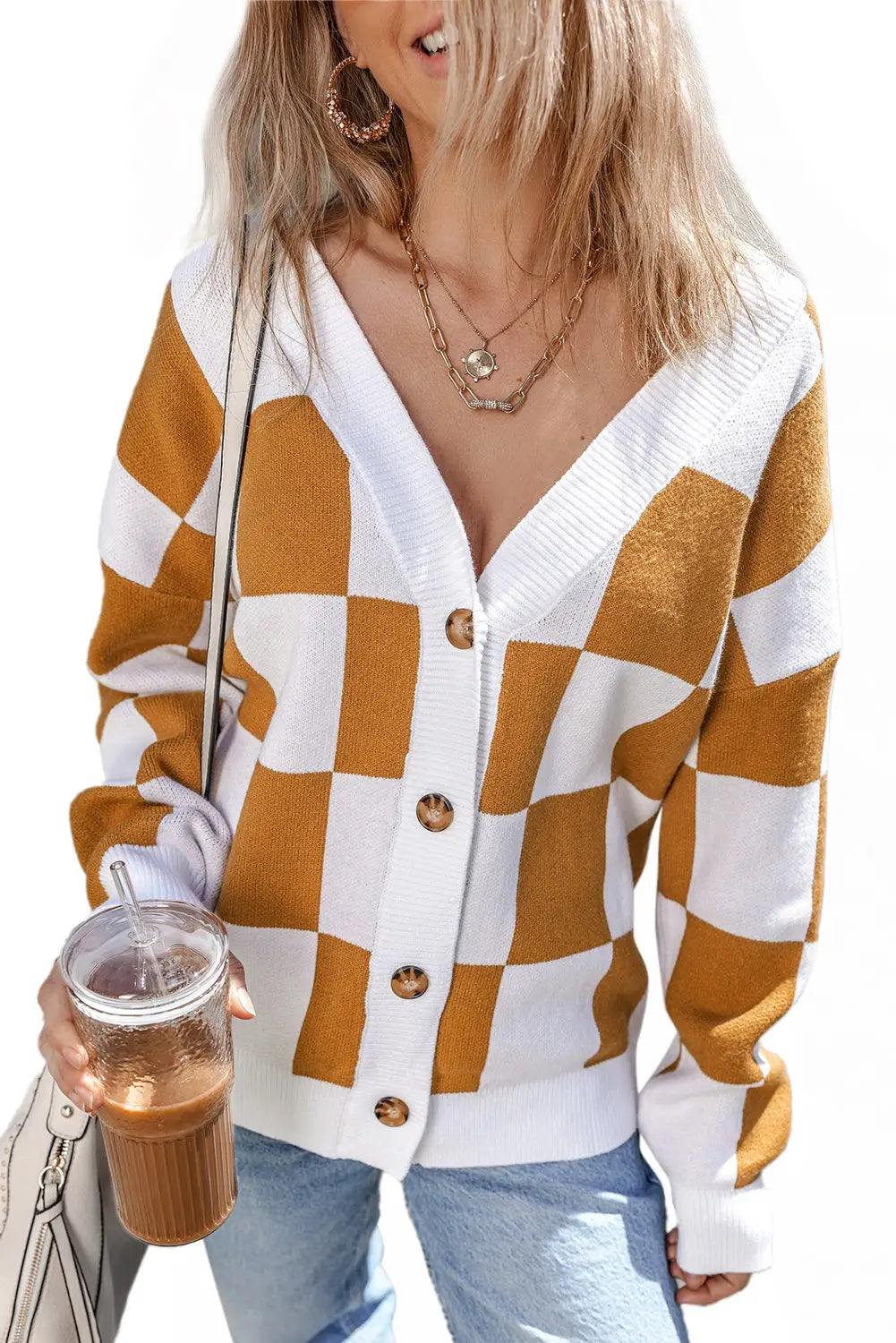Brown contrast checkered print button up sweater cardigan - tops