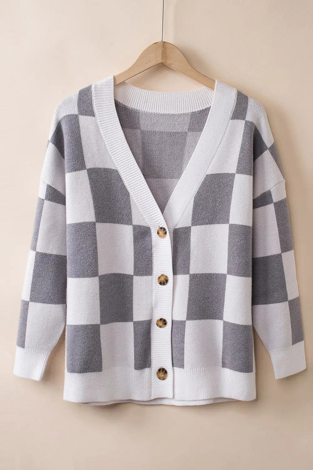 Brown contrast checkered print button up sweater cardigan - tops