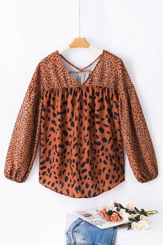 Brown contrast leopard print bubble sleeve blouse - tops