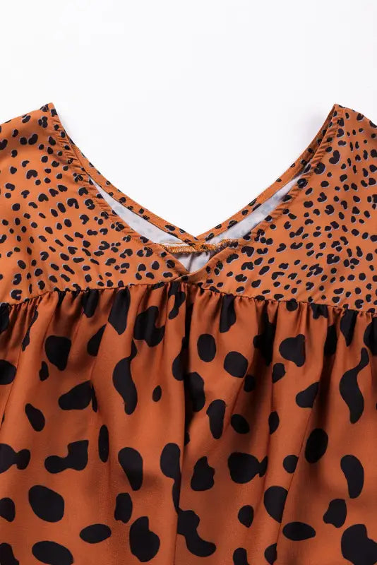 Brown contrast leopard print bubble sleeve blouse - tops