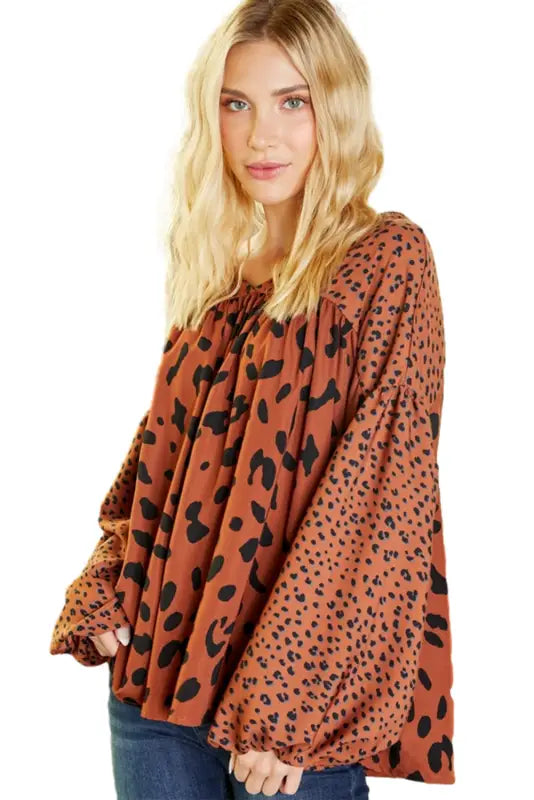 Brown contrast leopard print bubble sleeve blouse - tops