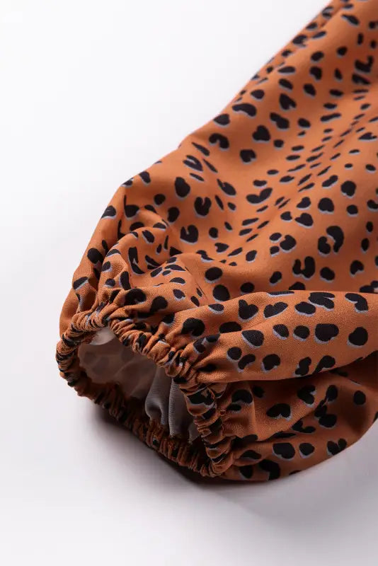 Brown contrast leopard print bubble sleeve blouse - tops