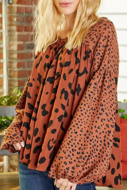 Brown Contrast Leopard Print Bubble Sleeve Blouse - Fashionfitz