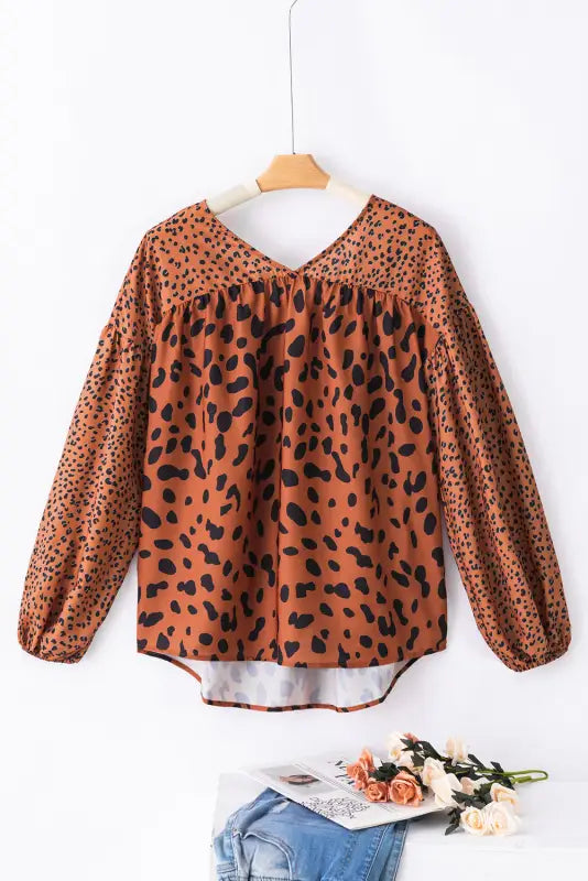 Brown contrast leopard print bubble sleeve blouse - tops