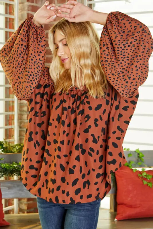 Brown contrast leopard print bubble sleeve blouse - tops