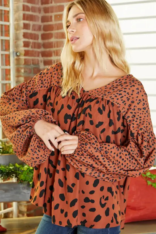 Brown contrast leopard print bubble sleeve blouse - tops