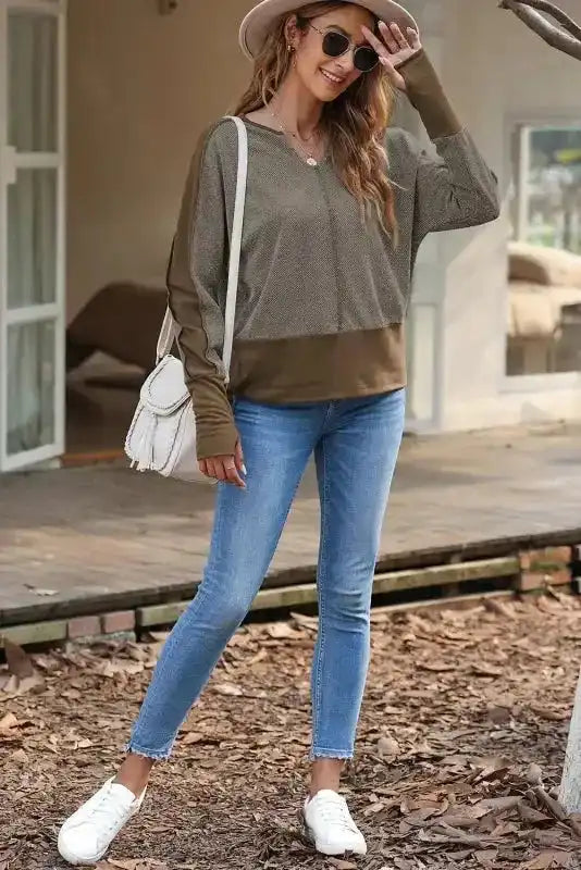 Brown Contrast Patchwork Thumbhole Sleeve Top - Fashionfitz