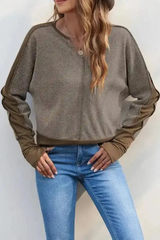 Brown Contrast Patchwork Thumbhole Sleeve Top - Fashionfitz