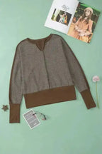 Brown Contrast Patchwork Thumbhole Sleeve Top - Fashionfitz