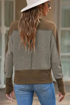 Brown Contrast Patchwork Thumbhole Sleeve Top - Fashionfitz