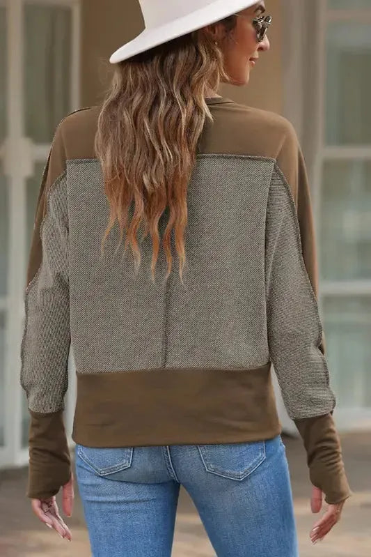 Brown Contrast Patchwork Thumbhole Sleeve Top - Fashionfitz