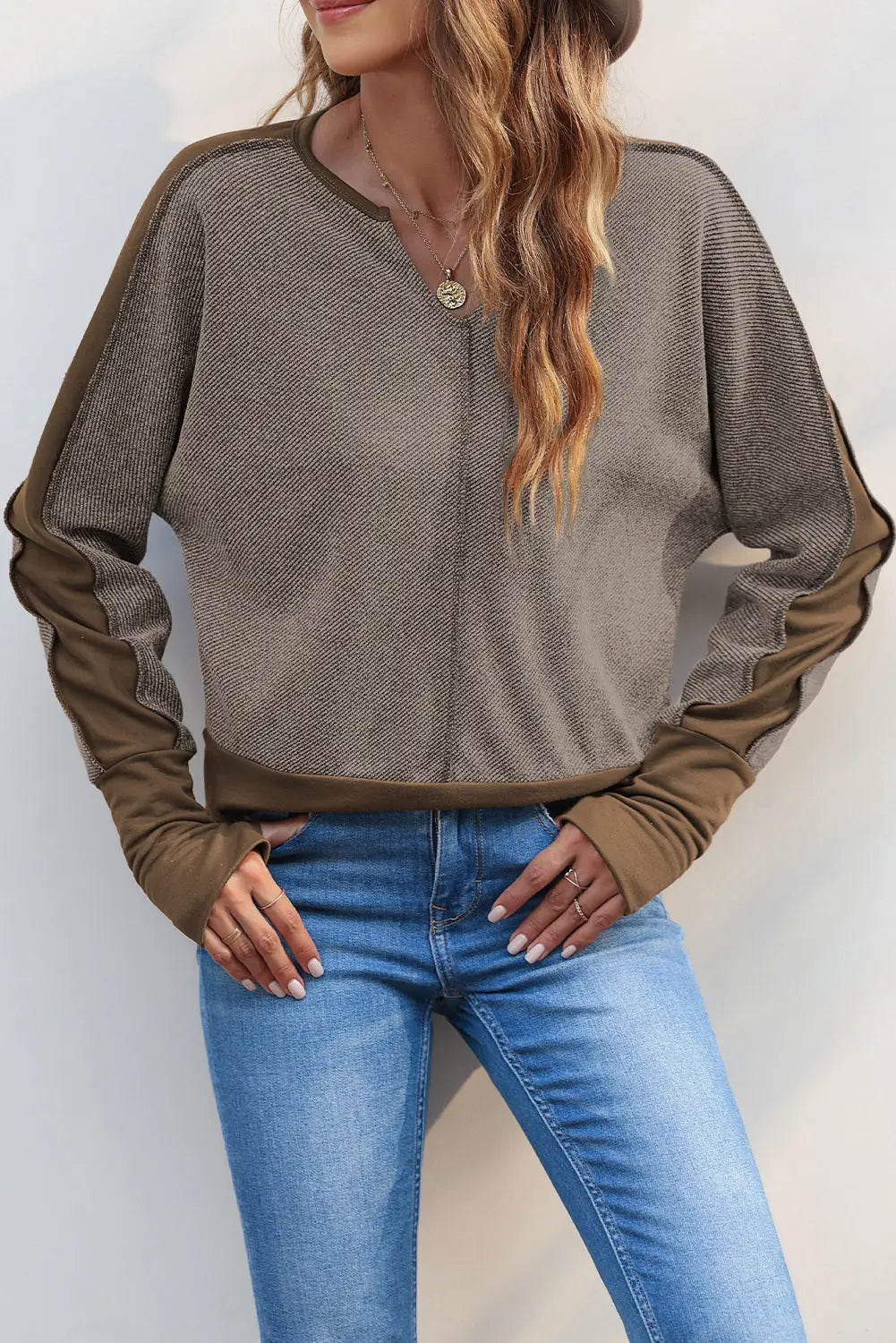 Brown contrast patchwork thumbhole sleeve top - tops