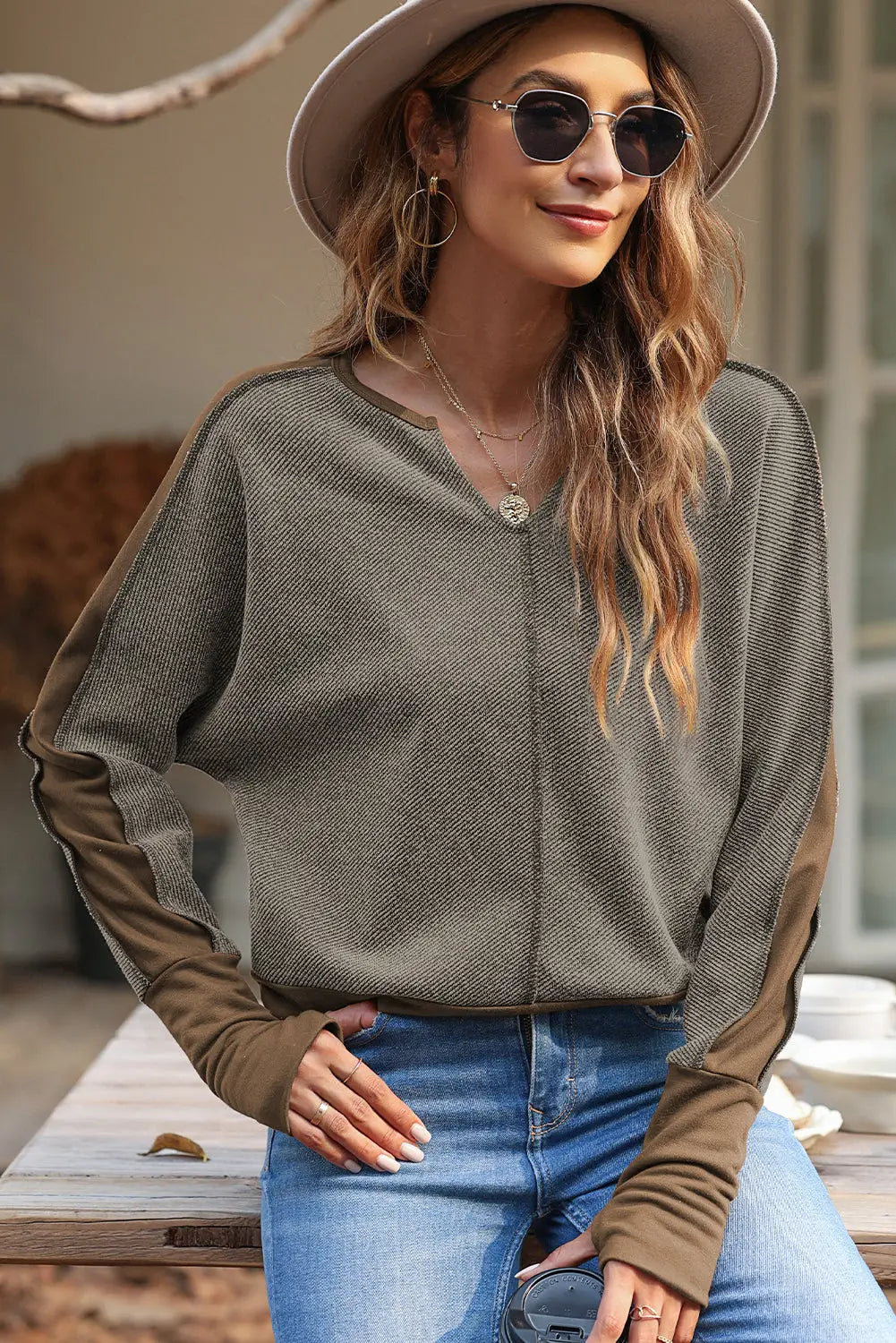 Brown contrast patchwork thumbhole sleeve top - tops