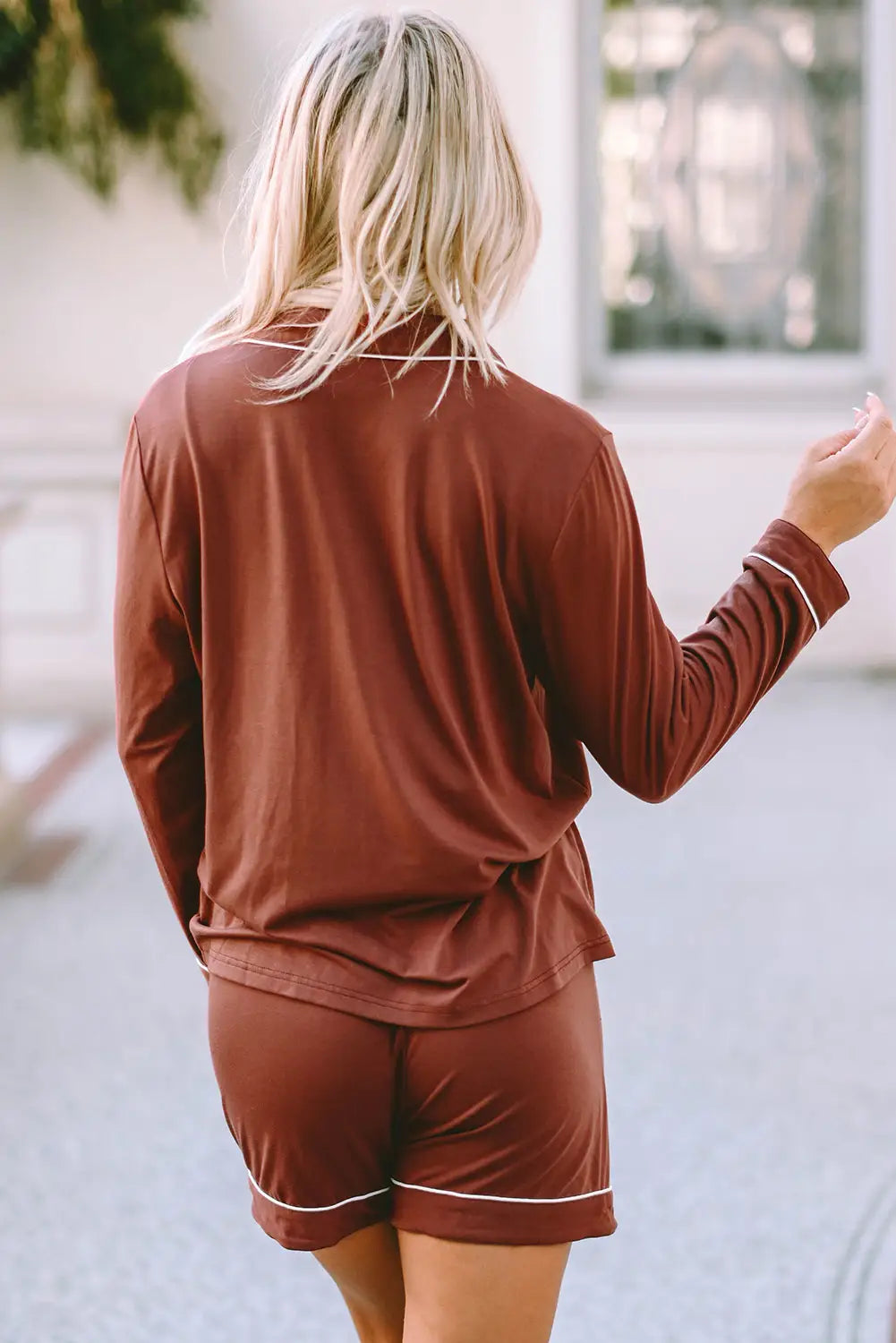 Brown contrast pipings long sleeve shorts pajamas set -