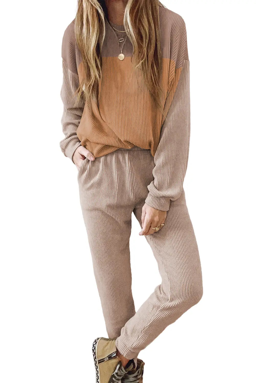 Brown corded 2pcs colorblock pullover and pants outfit - joggers sets