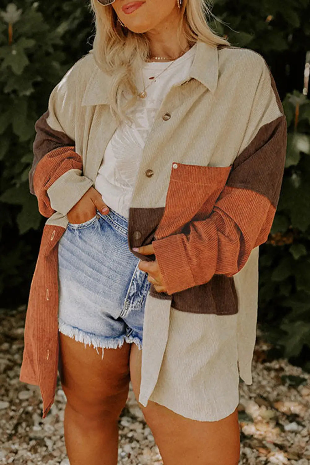 Brown corduroy colorblock pocket plus size jacket - 1x /