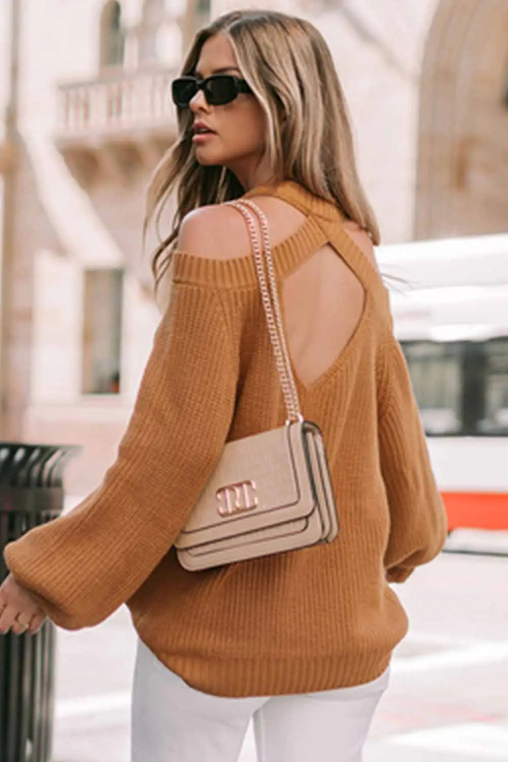 Brown crew neck cold shoulder hollow-out back sweater - sweaters & cardigans
