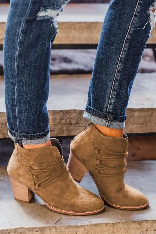 Brown criss cross slip-on point toe heeled boots