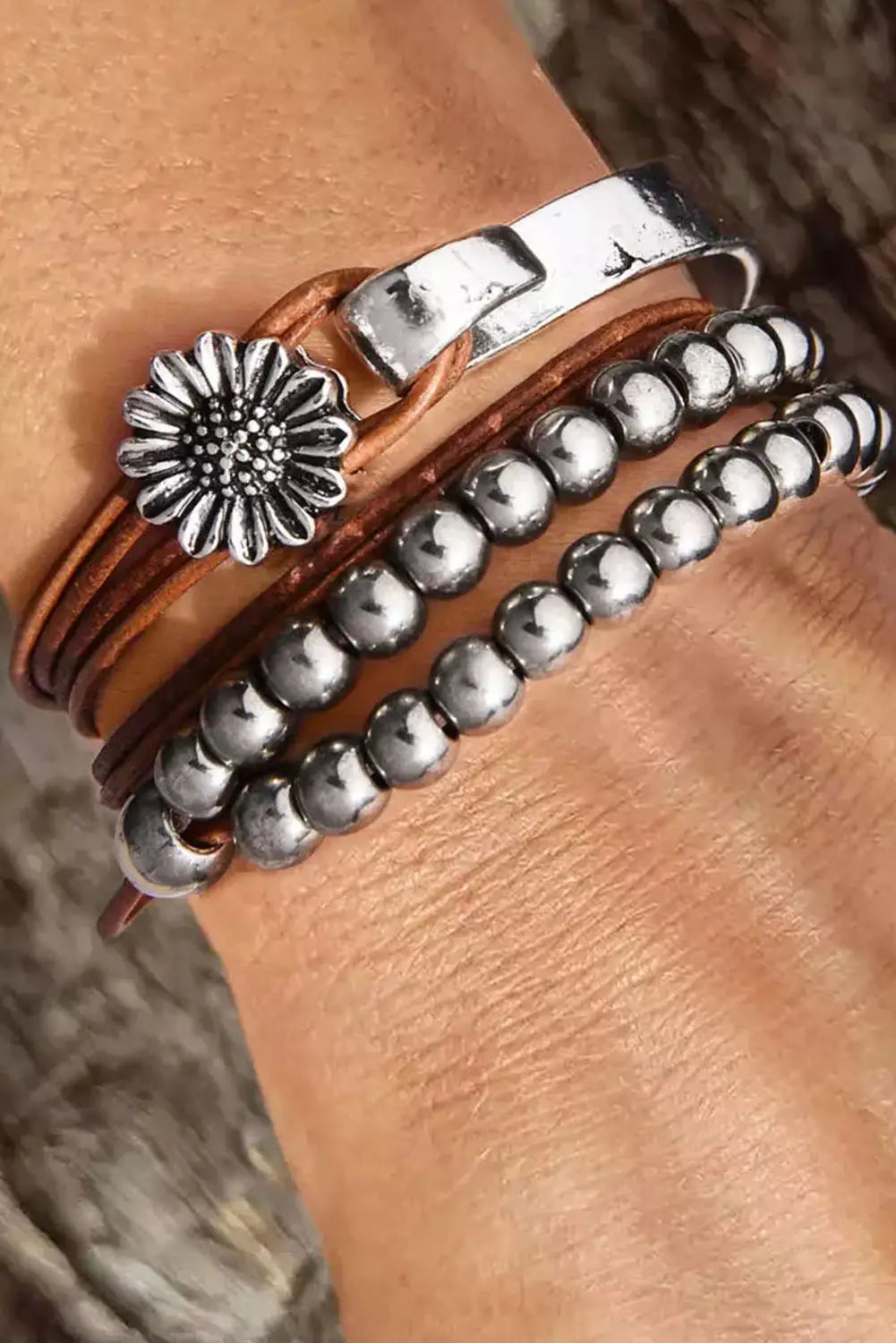 Brown daisy beading alloy multilayer bracelet - one size /