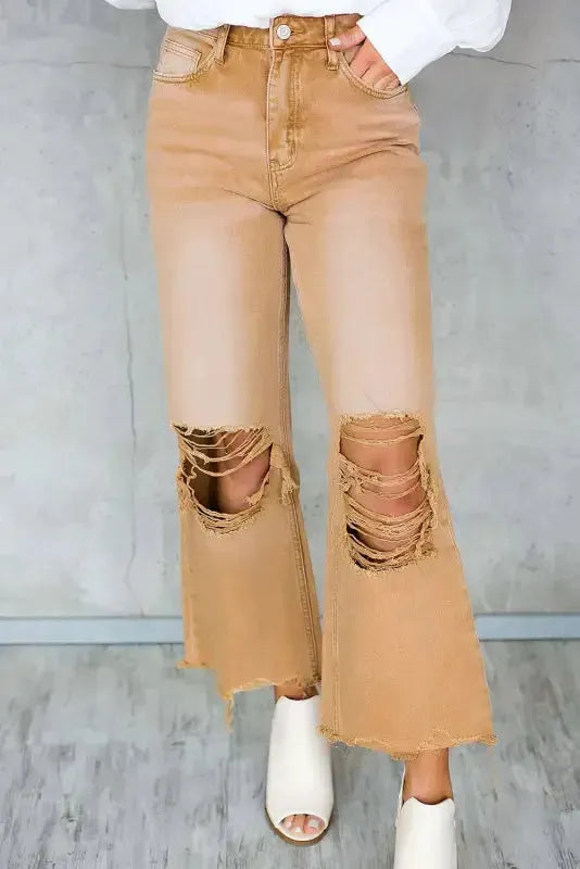 Brown Distressed Hollow-out Cropped Flare Jeans - Fashionfitz