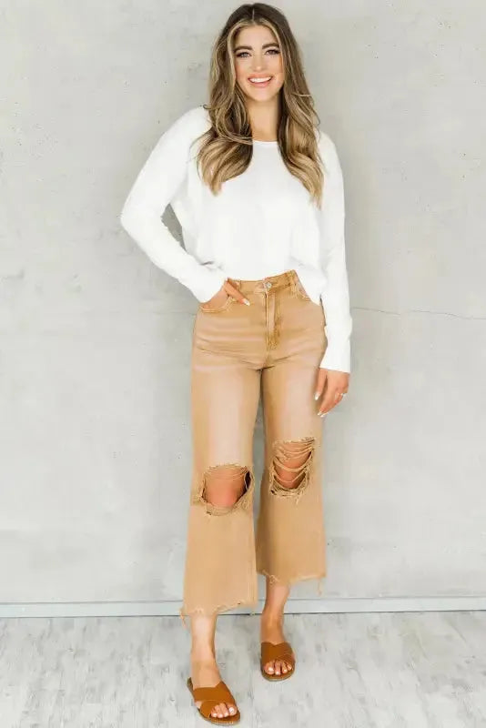 Brown Distressed Hollow-out Cropped Flare Jeans - Fashionfitz