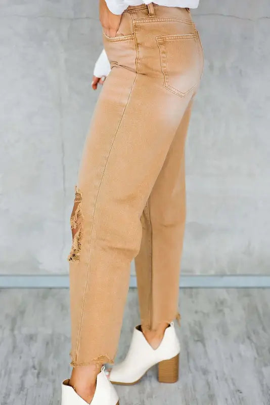 Brown distressed hollow-out cropped flare jeans