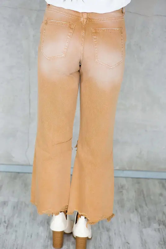 Brown distressed hollow-out cropped flare jeans