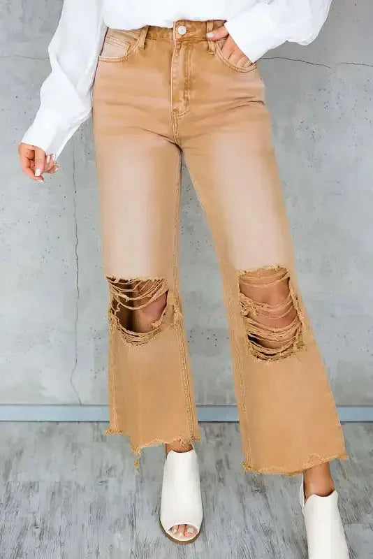 Brown Distressed Hollow-out Cropped Flare Jeans - Fashionfitz