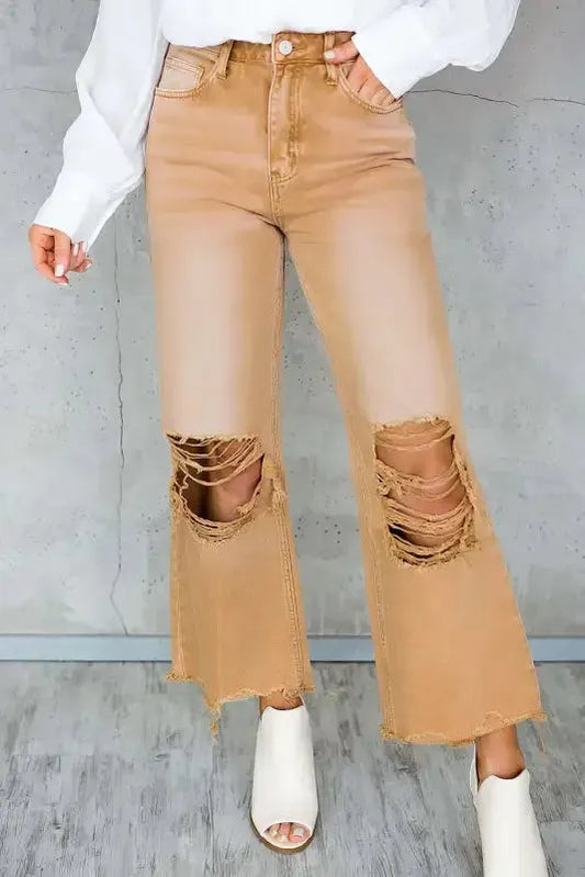 Brown Distressed Hollow-out Cropped Flare Jeans - Fashionfitz