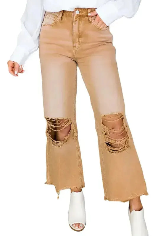 Brown Distressed Hollow-out Cropped Flare Jeans - Fashionfitz