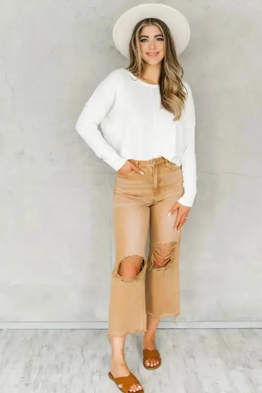 Brown Distressed Hollow-out Cropped Flare Jeans - Fashionfitz