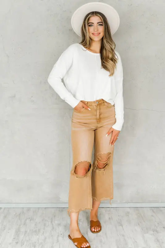 Brown distressed hollow-out cropped flare jeans