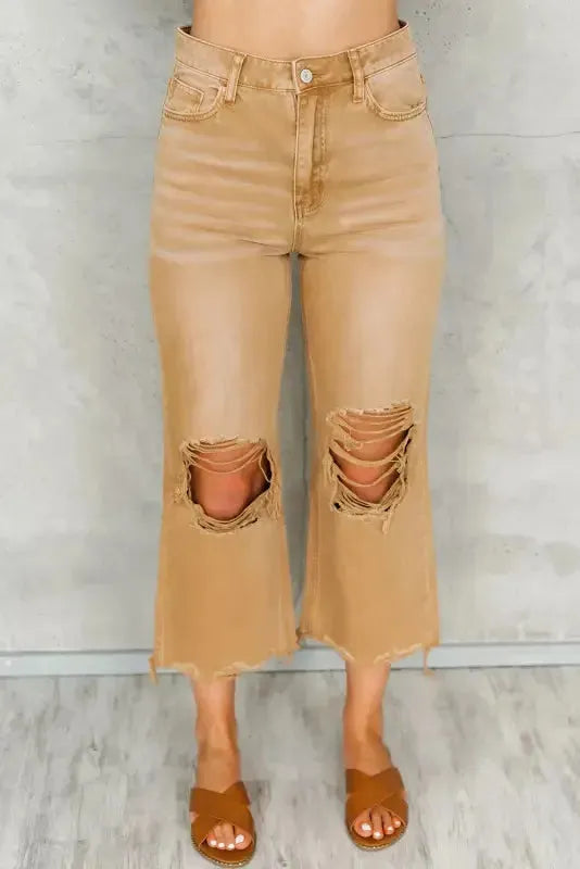 Brown Distressed Hollow-out Cropped Flare Jeans - Fashionfitz