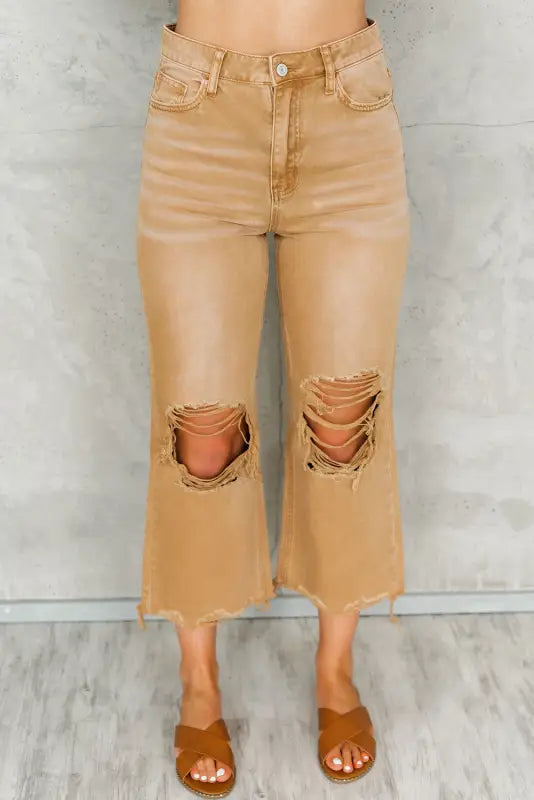 Brown distressed hollow-out cropped flare jeans