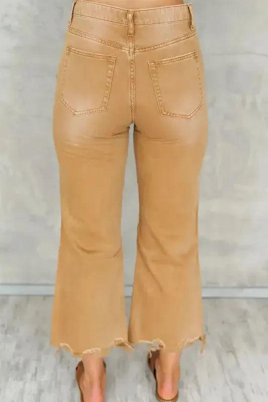 Brown Distressed Hollow-out Cropped Flare Jeans - Fashionfitz