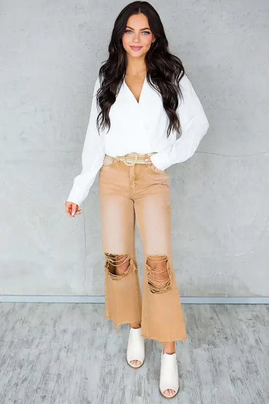 Brown distressed hollow-out cropped flare jeans