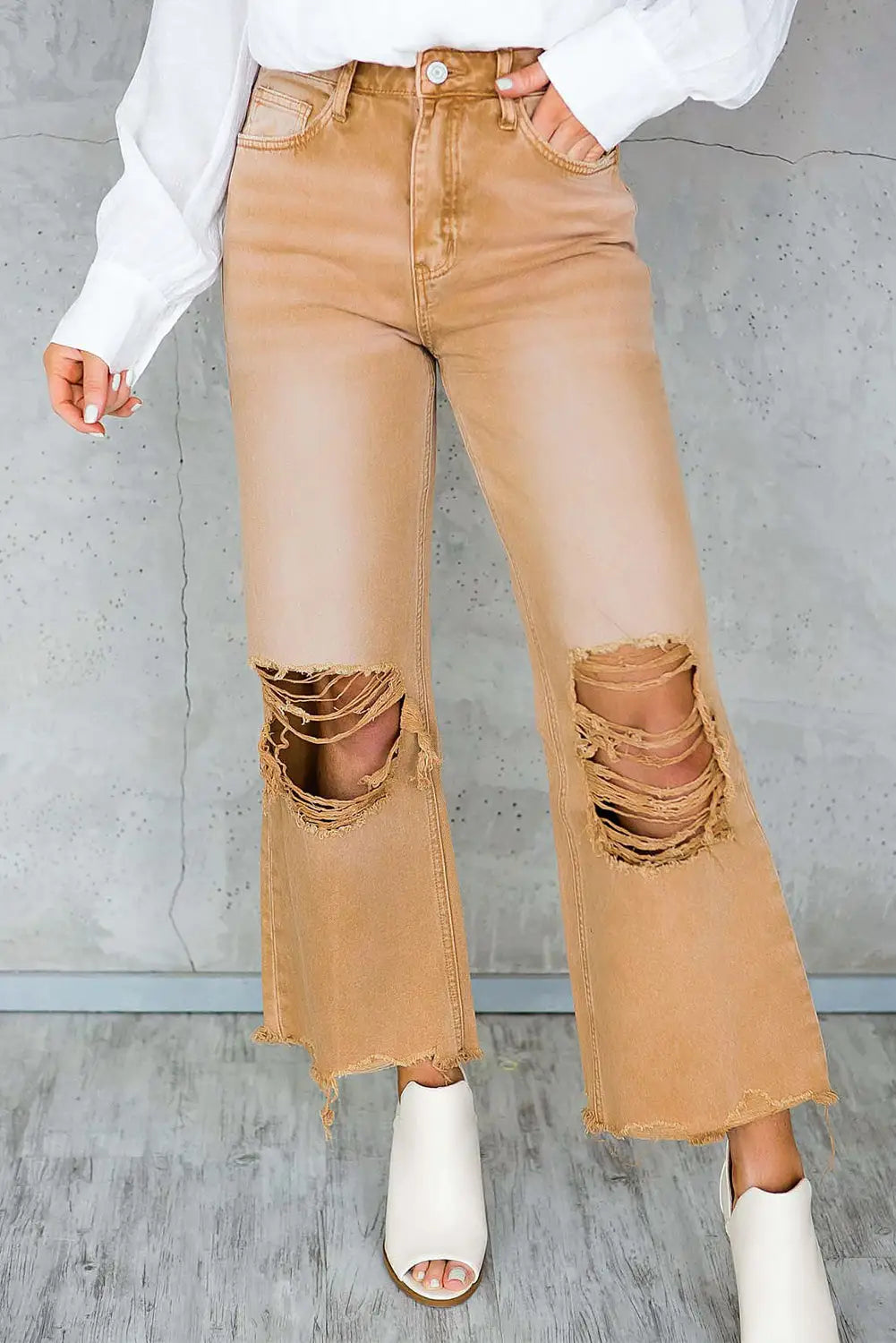 Brown distressed hollow - out high waist cropped flare jeans - 4 100% cotton
