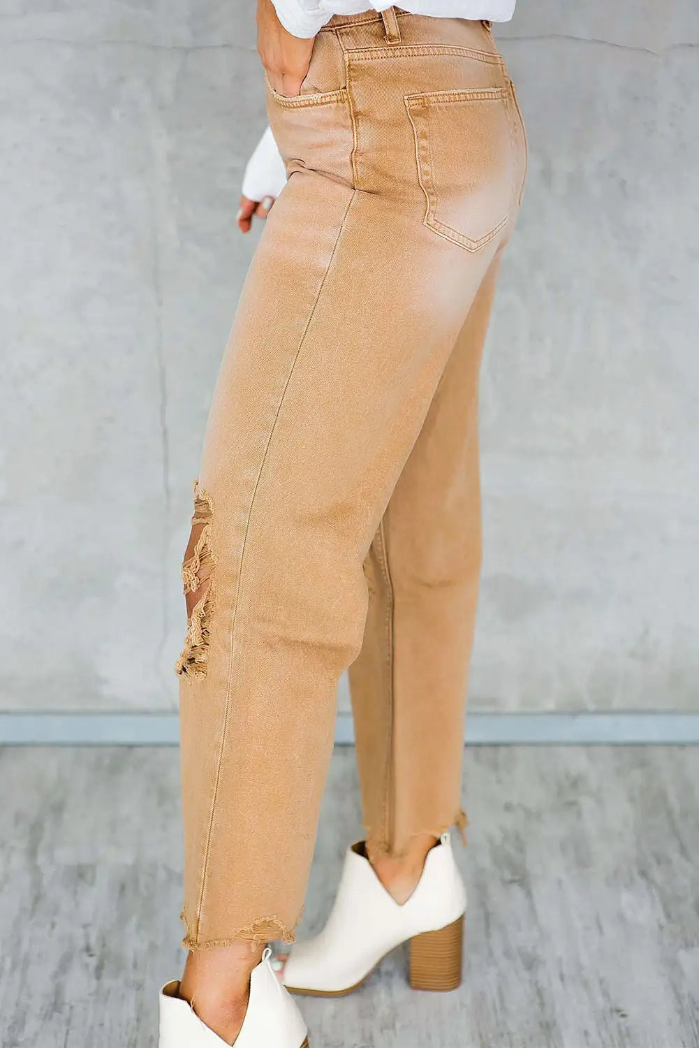 Brown distressed hollow - out high waist cropped flare jeans