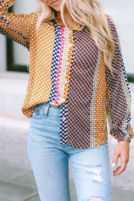 Brown dot print long sleeve button down shift shirt - tops