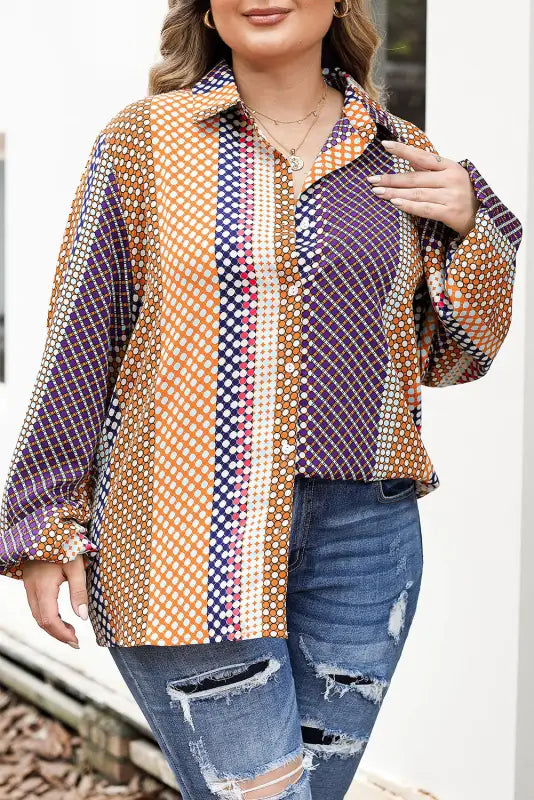 Brown dot print long sleeve button down shift shirt - tops