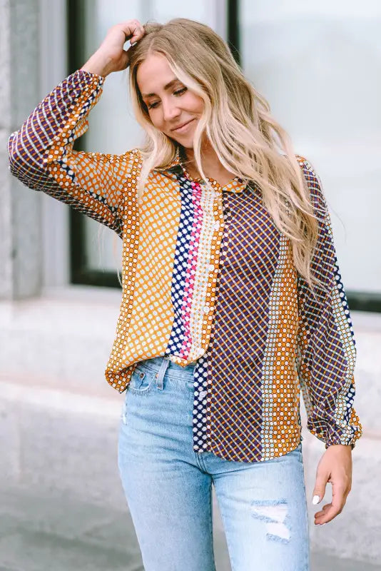 Brown dot print long sleeve button down shift shirt - tops