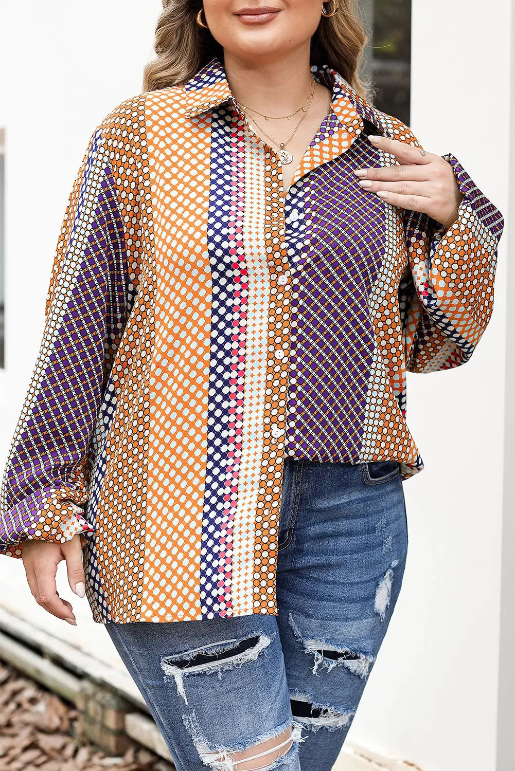 Brown dot print long sleeve button down shift shirt - 1x / 100% polyester - tops