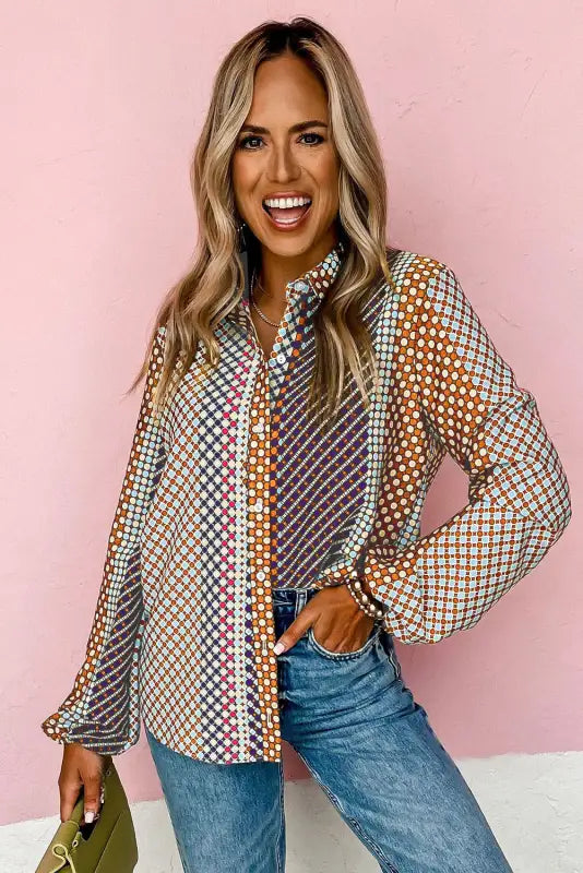 Brown dot print long sleeve button down shift shirt - tops