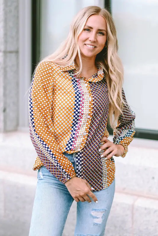 Brown dot print long sleeve button down shift shirt - tops