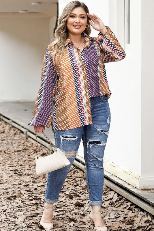 Brown dot print long sleeve button down shift shirt - tops