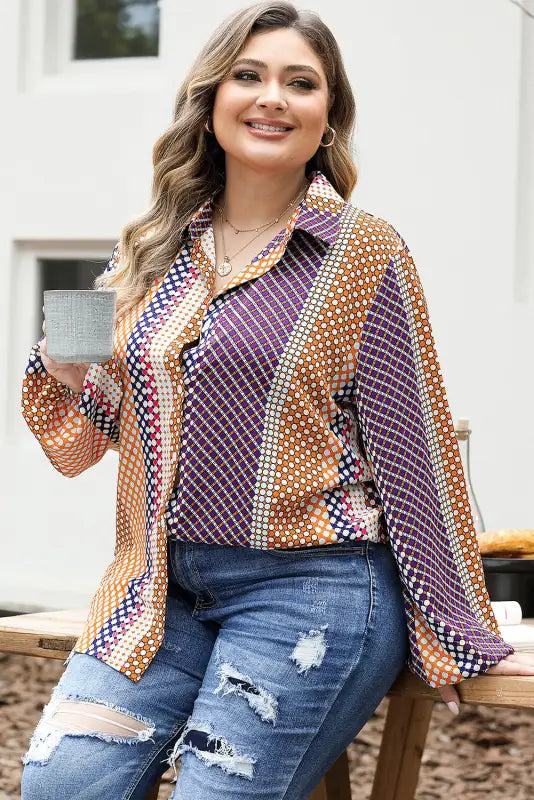 Brown dot print long sleeve button down shift shirt - tops