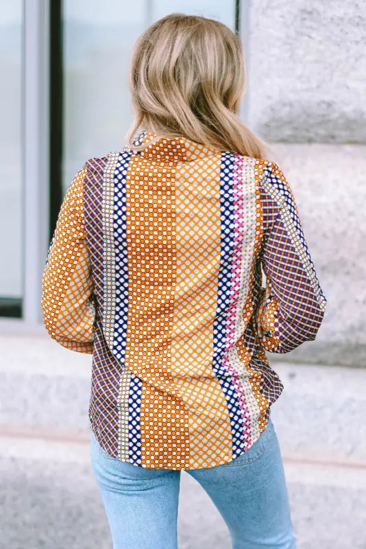 Brown dot print long sleeve button down shift shirt - tops